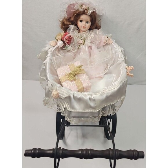 VG 12" Porcelain Doll in 2'x1.5"x1.5" Musical Wicker Basket Carriage Stroller - Picture 1 of 8
